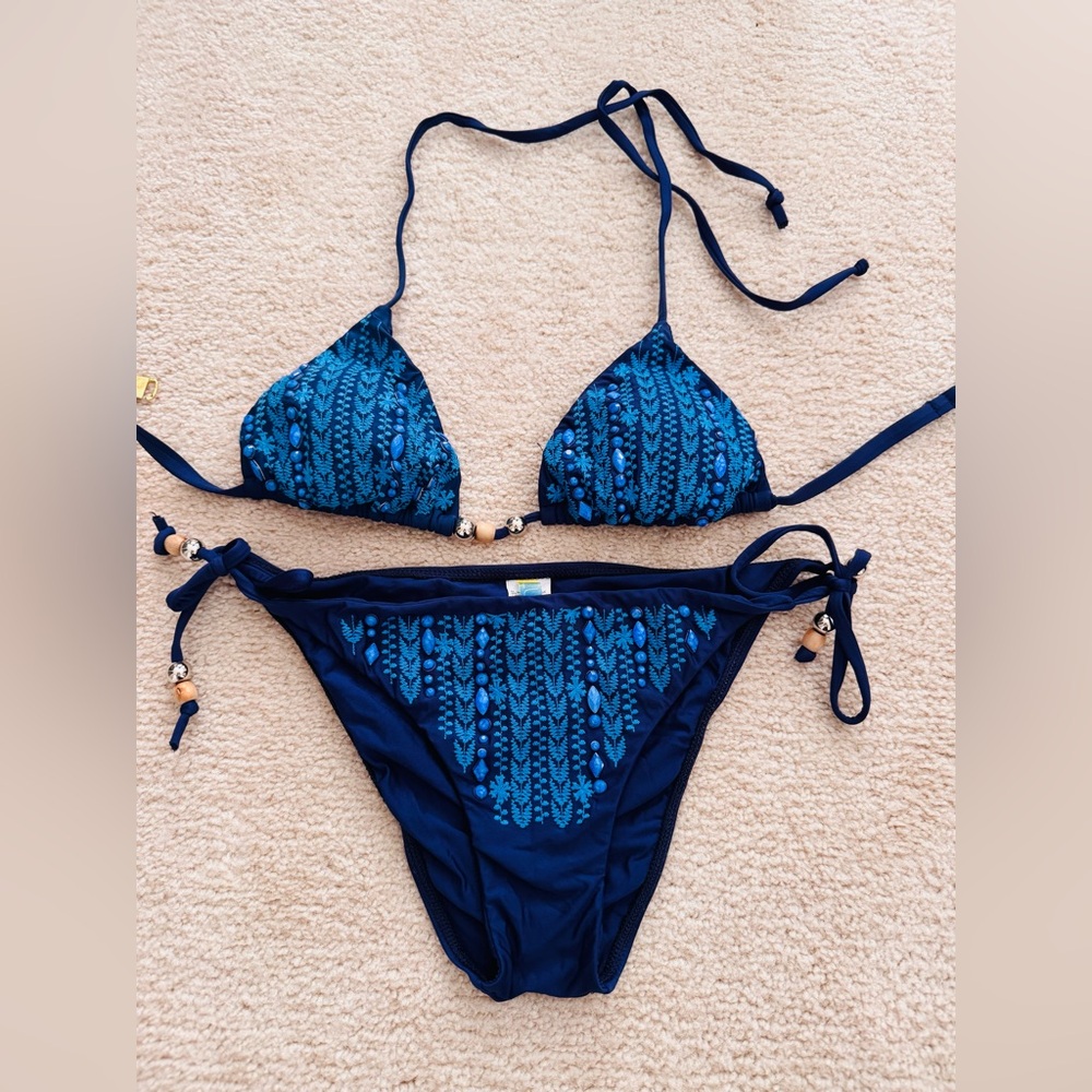 Blue beaded bikini set from Luxe by Lisa Vogel size 2